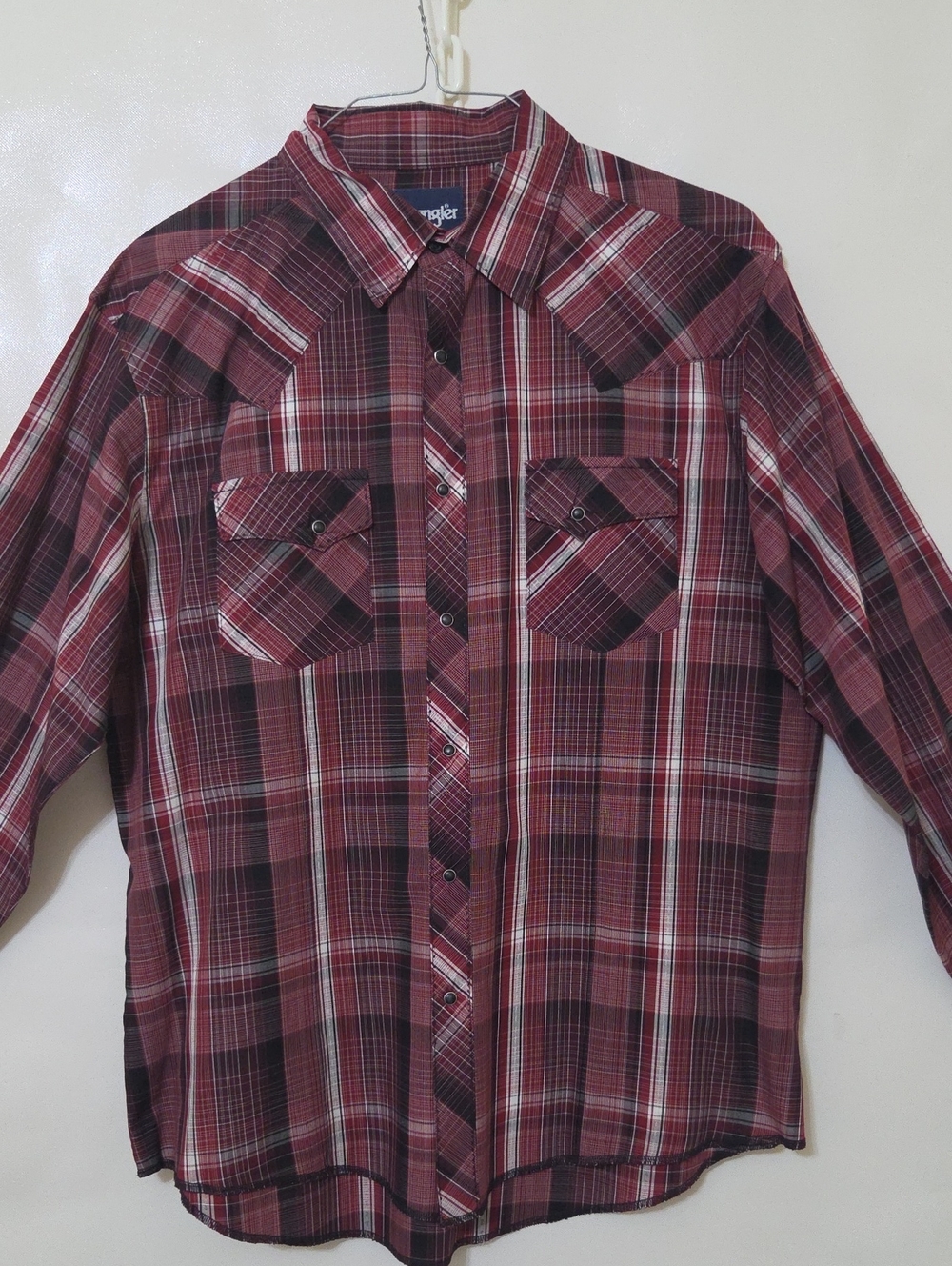 Wrangler Men's Western Burgundy Plaid Pearl Snap Button-Down Shirt - Size XL